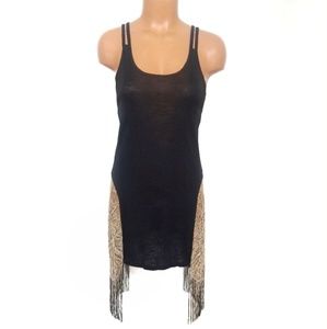Gold & Black Fringe Crochet Goldie Midi Dress S